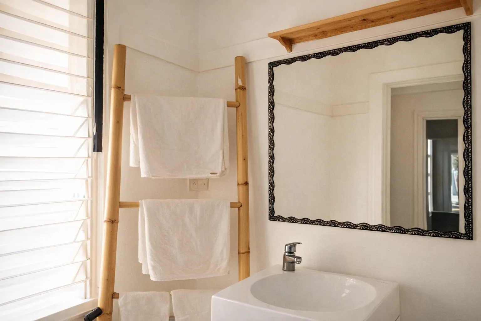 Bamboo towel rack and mirror in Hotel Esplanada bathroom
