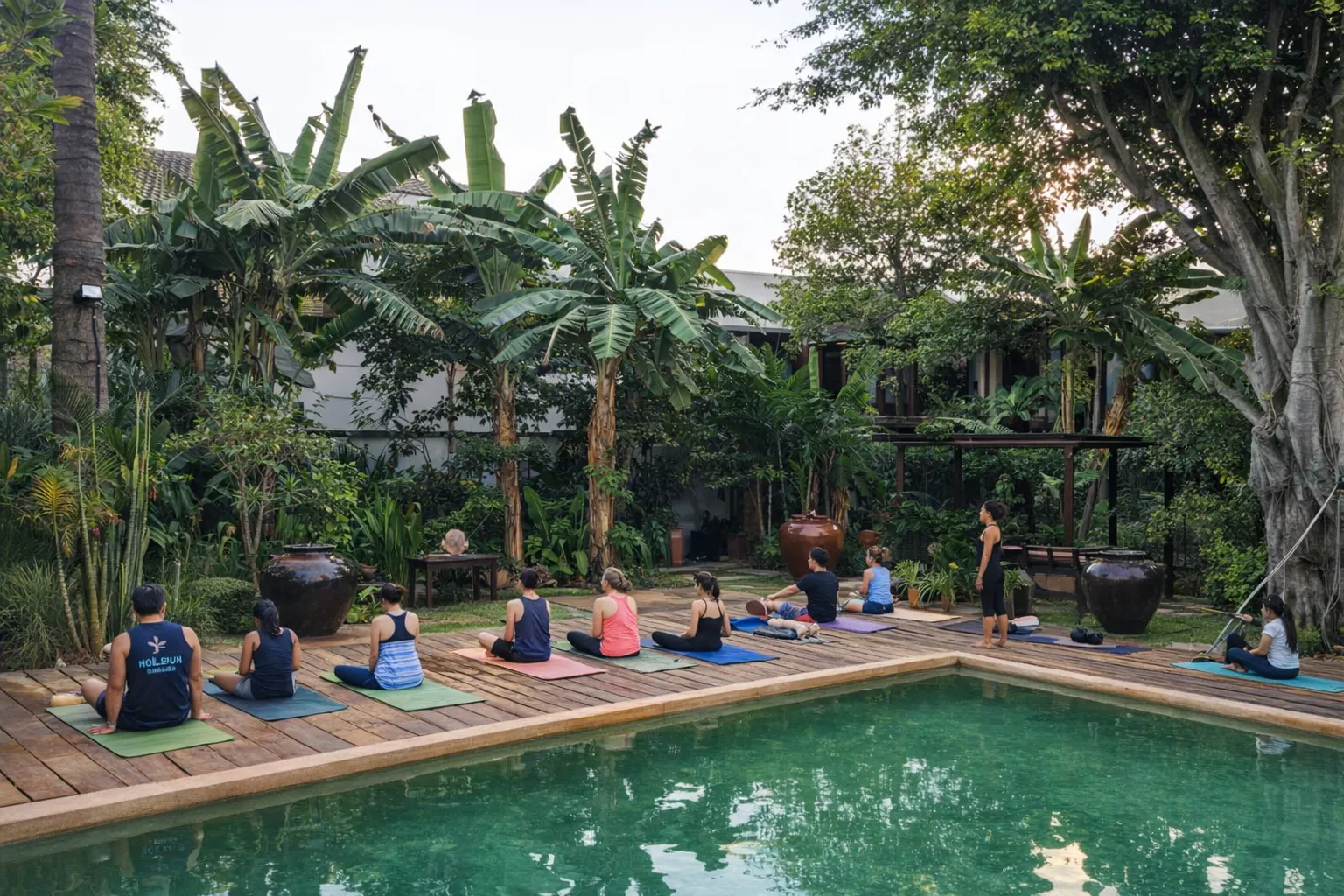 Yoga session in tropical garden at Hotel Esplanada Dili